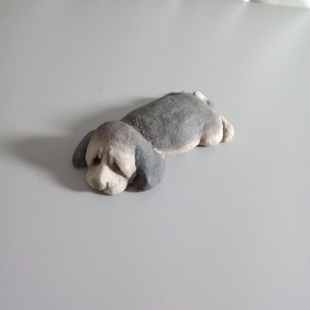Vintage Clay Sleeping Beagle Puppy Dog Figurine Miniature Grey Cream Textured